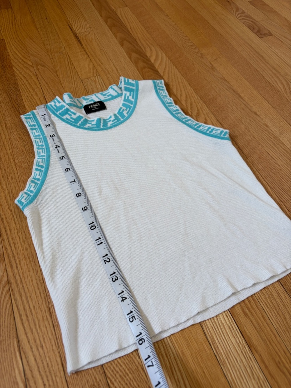 F Icon White Knit Sleeveless Top with Turquoise-Blue FF Trim - Picture 4 of 5